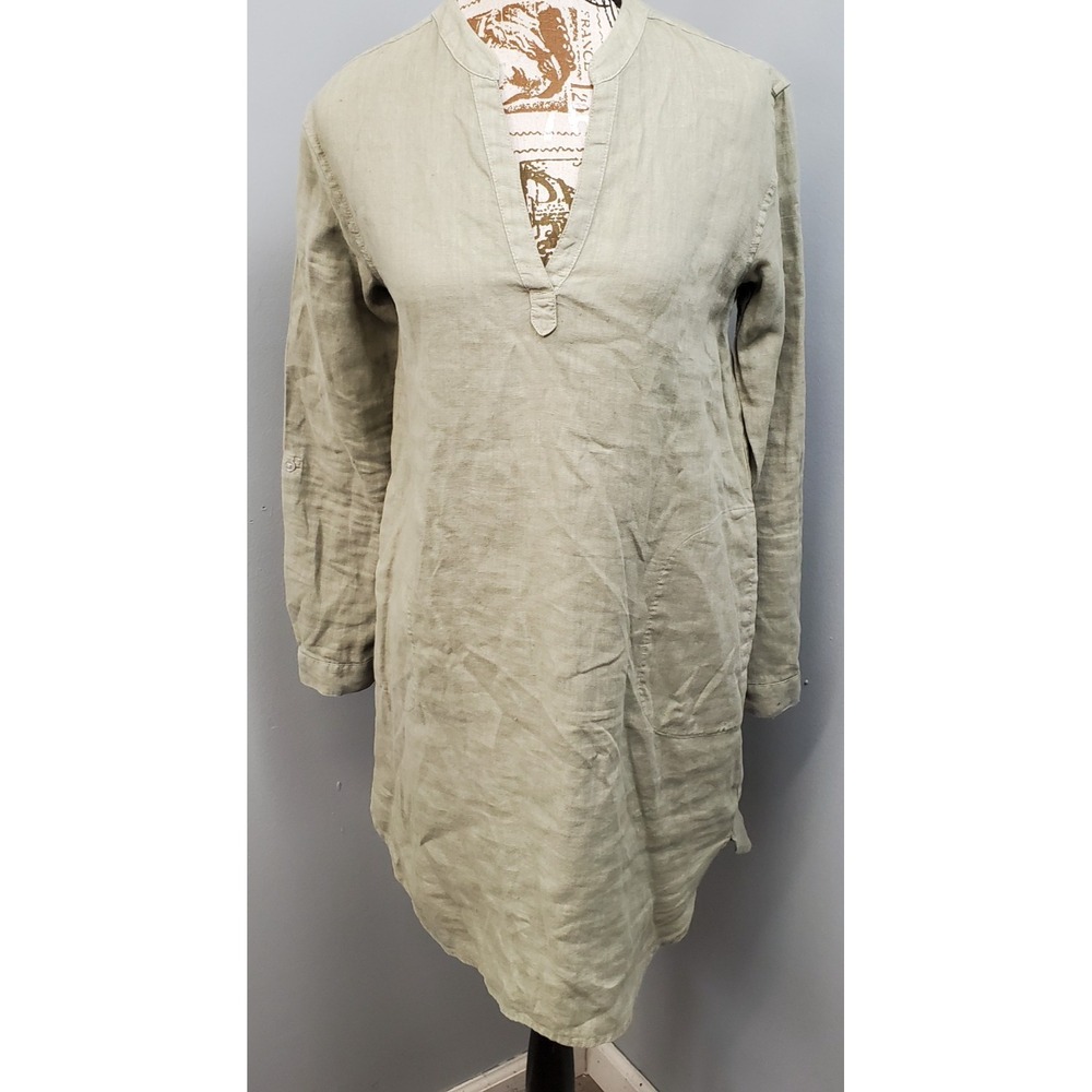 Tahari Shift Dress Womens Small Green Linen Roll-Tab Sleeve V-Neck Side Pockets